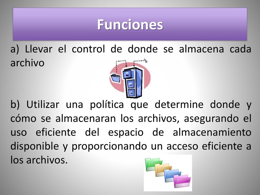 Funciones a) Llevar el control de donde se almacena cada archivo