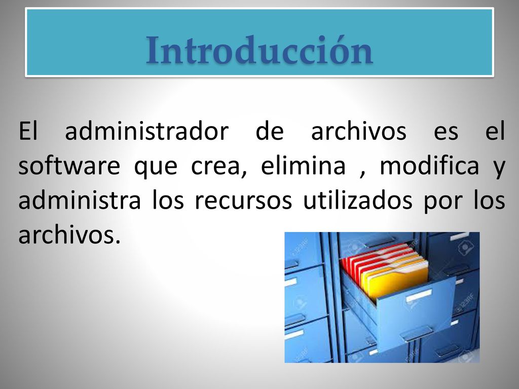 Introducción El administrador de archivos es el software que crea, elimina , modifica y administra los recursos utilizados por los archivos.