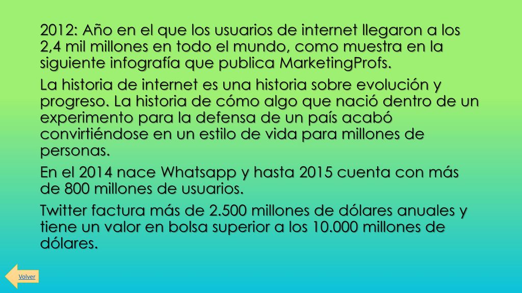 2012: Año en el que los usuarios de internet llegaron a los 2,4 mil millones en todo el mundo, como muestra en la siguiente infografía que publica MarketingProfs. La historia de internet es una historia sobre evolución y progreso. La historia de cómo algo que nació dentro de un experimento para la defensa de un país acabó convirtiéndose en un estilo de vida para millones de personas. En el 2014 nace Whatsapp y hasta 2015 cuenta con más de 800 millones de usuarios. Twitter factura más de millones de dólares anuales y tiene un valor en bolsa superior a los millones de dólares.