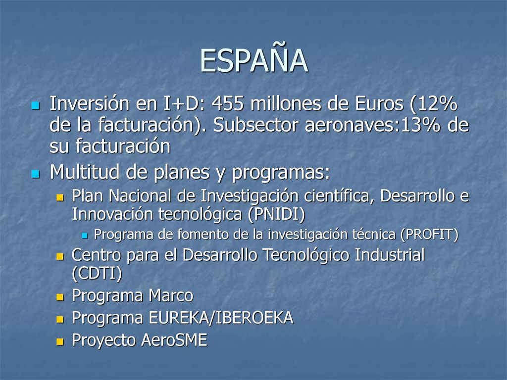 ESPAÑA Inversión en I+D: 455 millones de Euros (12% de la facturación). Subsector aeronaves:13% de su facturación.