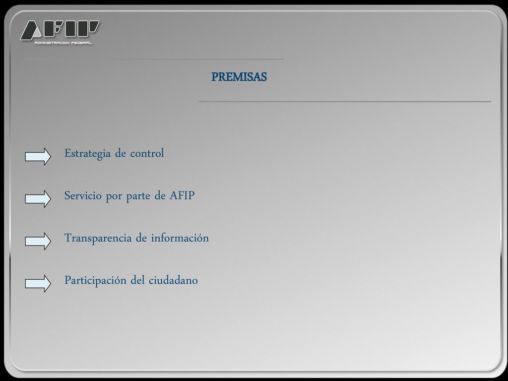 PREMISAS Estrategia de control. Servicio por parte de AFIP.