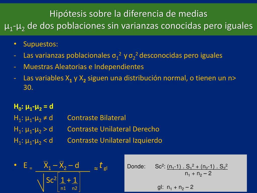 Hipótesis sobre la diferencia de medias µ1-µ2 de dos poblaciones sin varianzas conocidas pero iguales