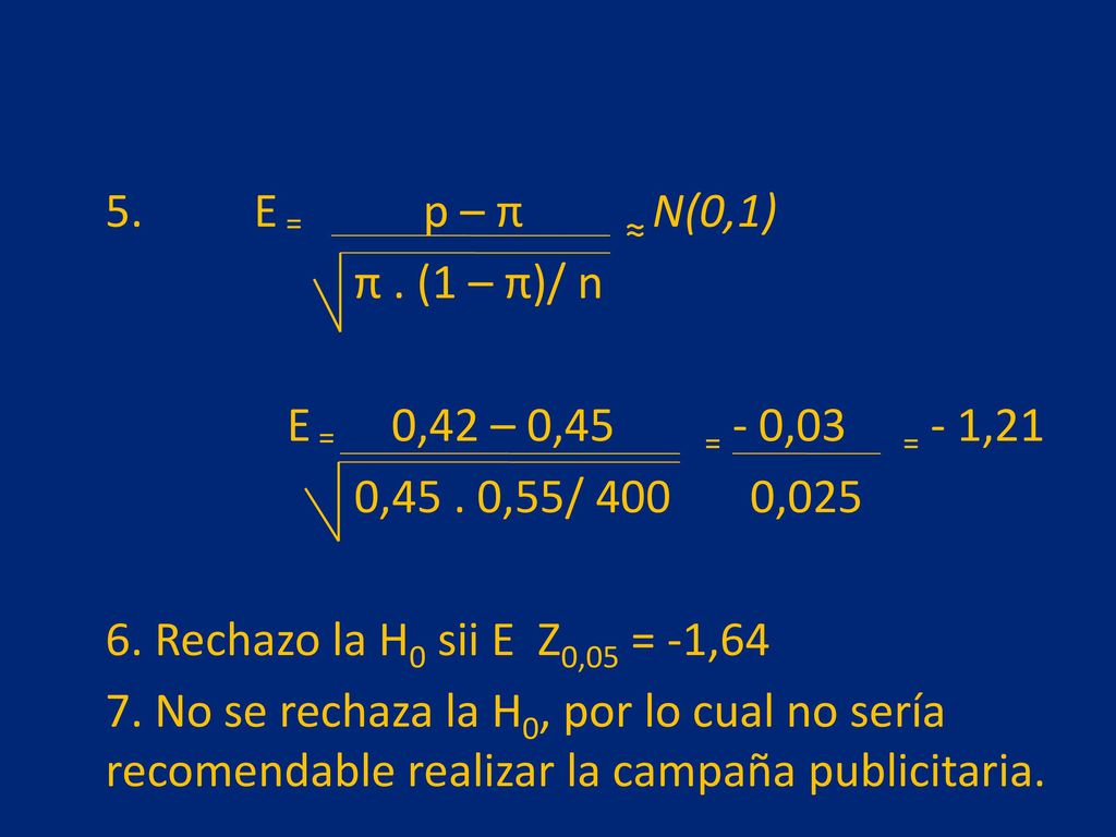 5. E = p – π ≈ N(0,1) π . (1 – π)/ n E = 0,42 – 0,45 = - 0,03 = - 1,21 0,45 .