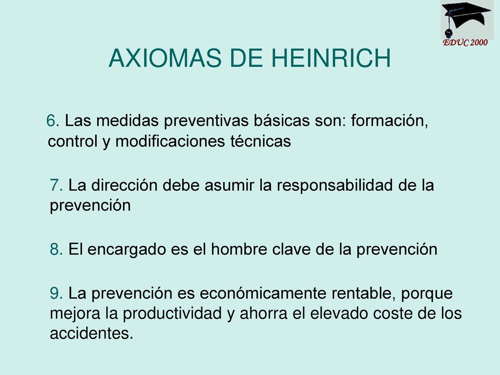 AXIOMAS DE HEINRICH EDUC Las medidas preventivas básicas son: formación, control y modificaciones técnicas.