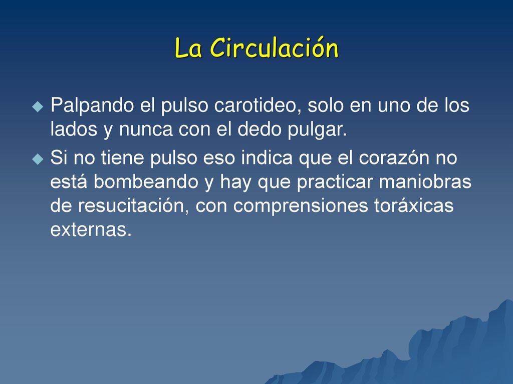La Circulación Palpando el pulso carotideo, solo en uno de los lados y nunca con el dedo pulgar.