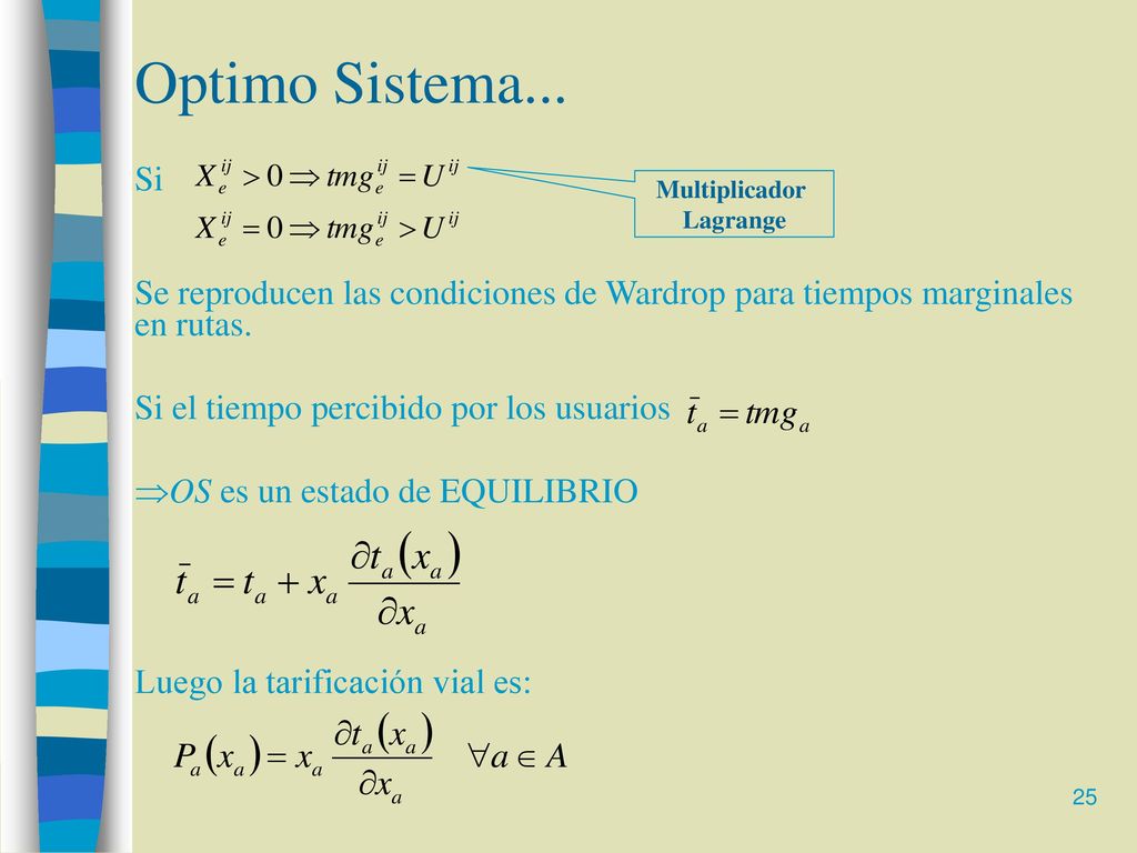 Optimo Sistema... Si. Multiplicador. Lagrange. Se reproducen las condiciones de Wardrop para tiempos marginales en rutas.