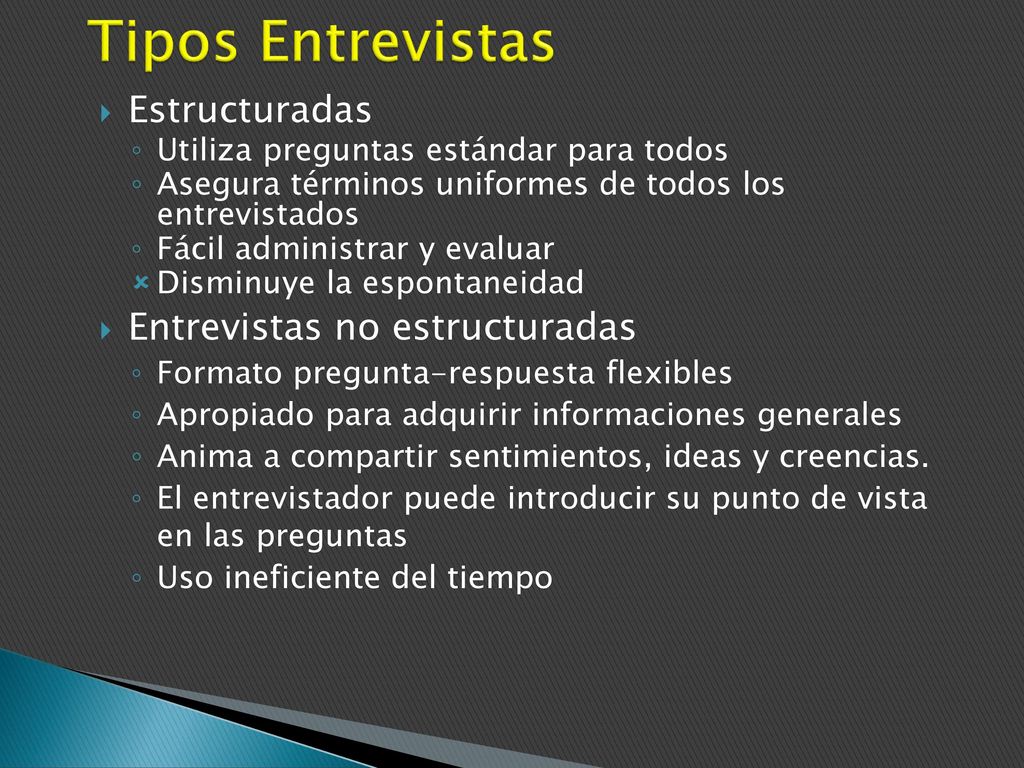 Tipos Entrevistas Estructuradas Entrevistas no estructuradas