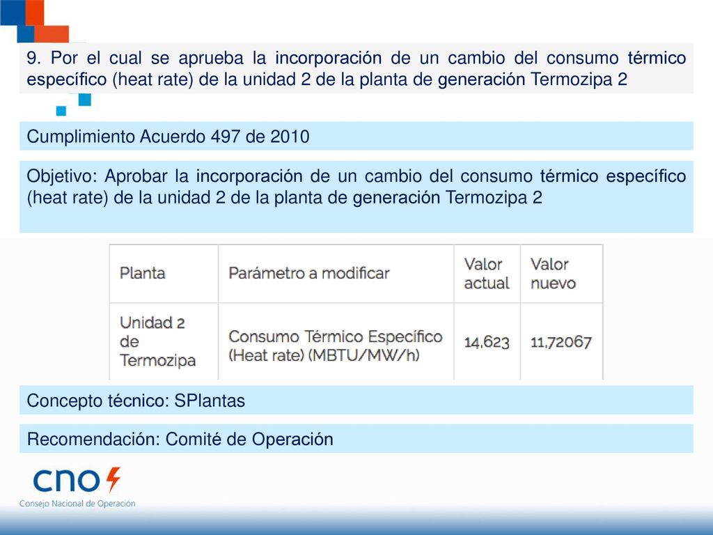 9. Por el cual se aprueba la incorporación de un cambio del consumo térmico específico (heat rate) de la unidad 2 de la planta de generación Termozipa 2