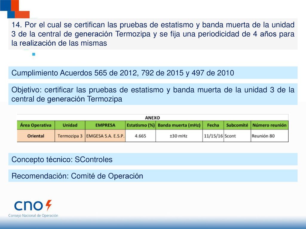 14. Por el cual se certifican las pruebas de estatismo y banda muerta de la unidad 3 de la central de generación Termozipa y se fija una periodicidad de 4 años para la realización de las mismas