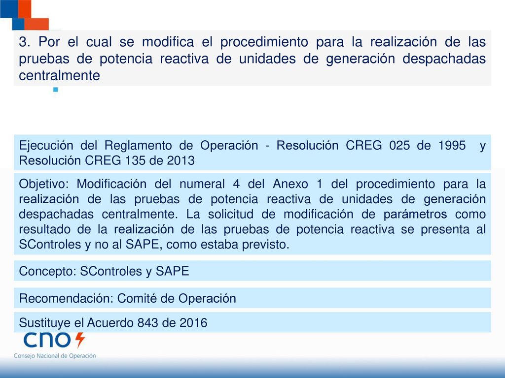 3. Por el cual se modifica el procedimiento para la realización de las pruebas de potencia reactiva de unidades de generación despachadas centralmente