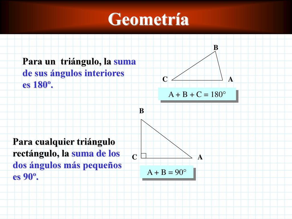 Geometría A + B + C = 180° A. C. B. Para un triángulo, la suma de sus ángulos interiores es 180º.