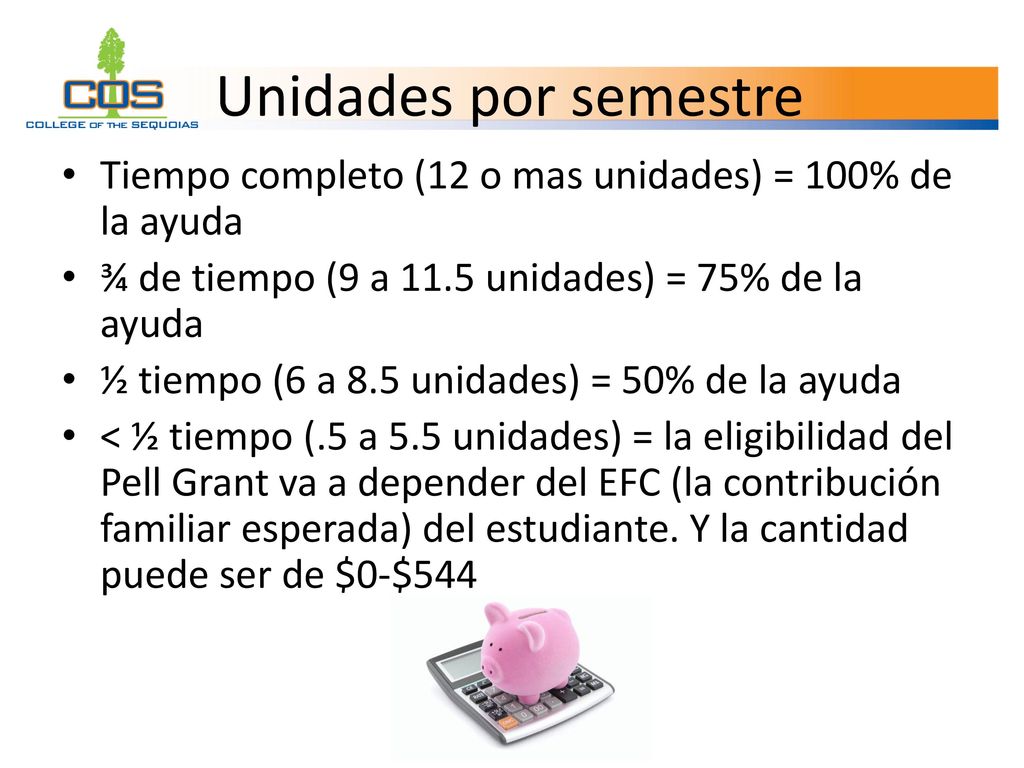 Unidades por semestre Tiempo completo (12 o mas unidades) = 100% de la ayuda. ¾ de tiempo (9 a 11.5 unidades) = 75% de la ayuda.