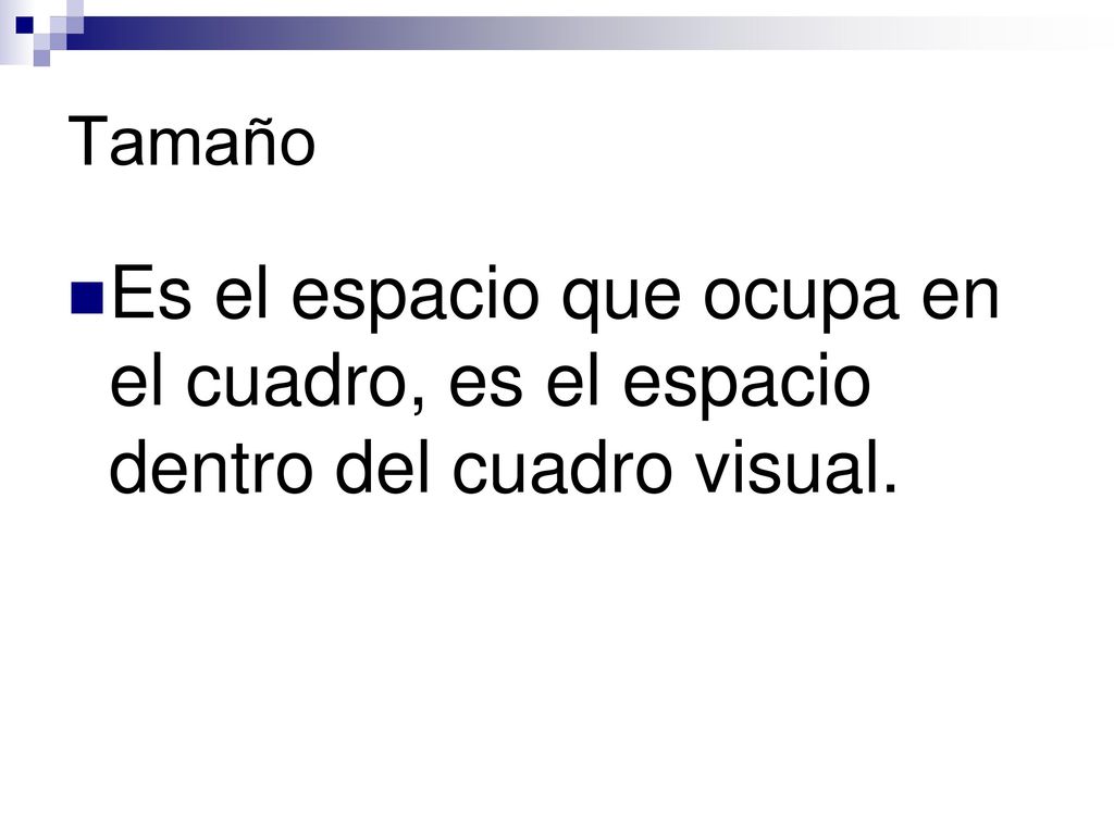 Tamaño Es el espacio que ocupa en el cuadro, es el espacio dentro del cuadro visual.