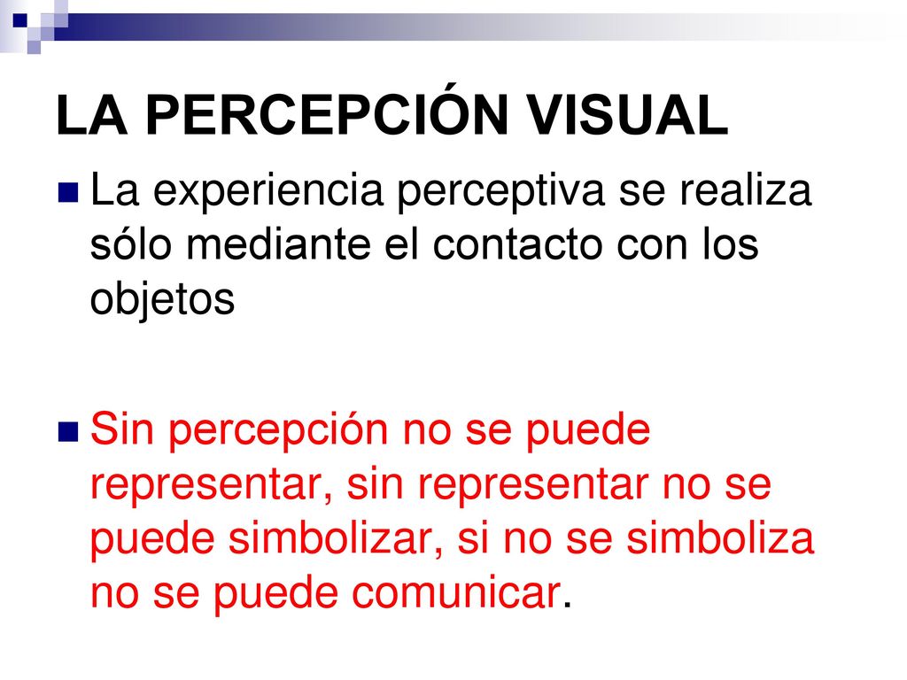 LA PERCEPCIÓN VISUAL La experiencia perceptiva se realiza sólo mediante el contacto con los objetos.