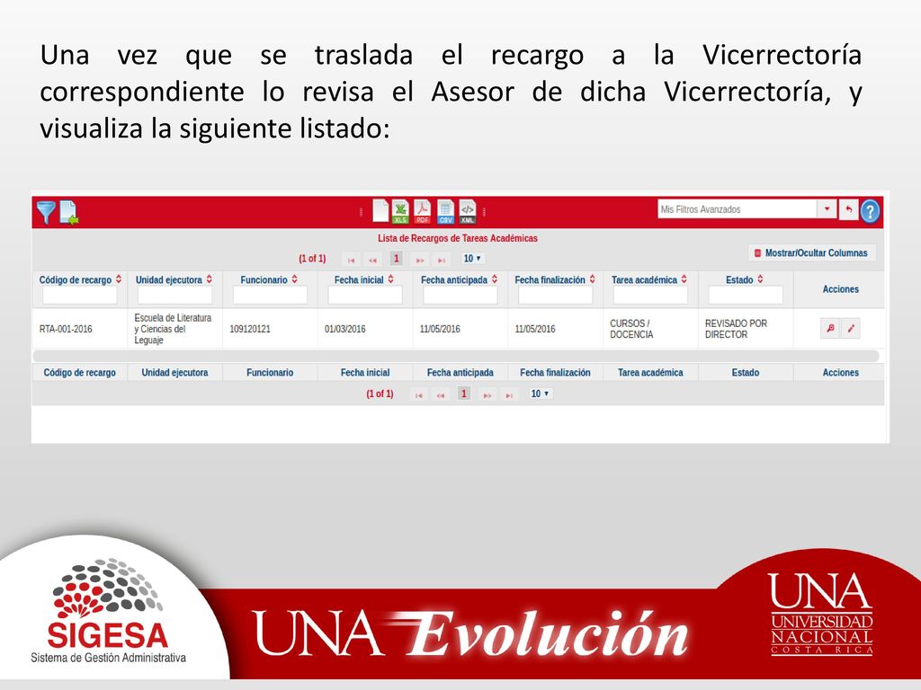 Una vez que se traslada el recargo a la Vicerrectoría correspondiente lo revisa el Asesor de dicha Vicerrectoría, y visualiza la siguiente listado: