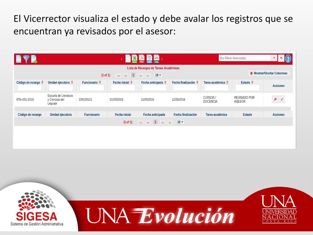 El Vicerrector visualiza el estado y debe avalar los registros que se encuentran ya revisados por el asesor: