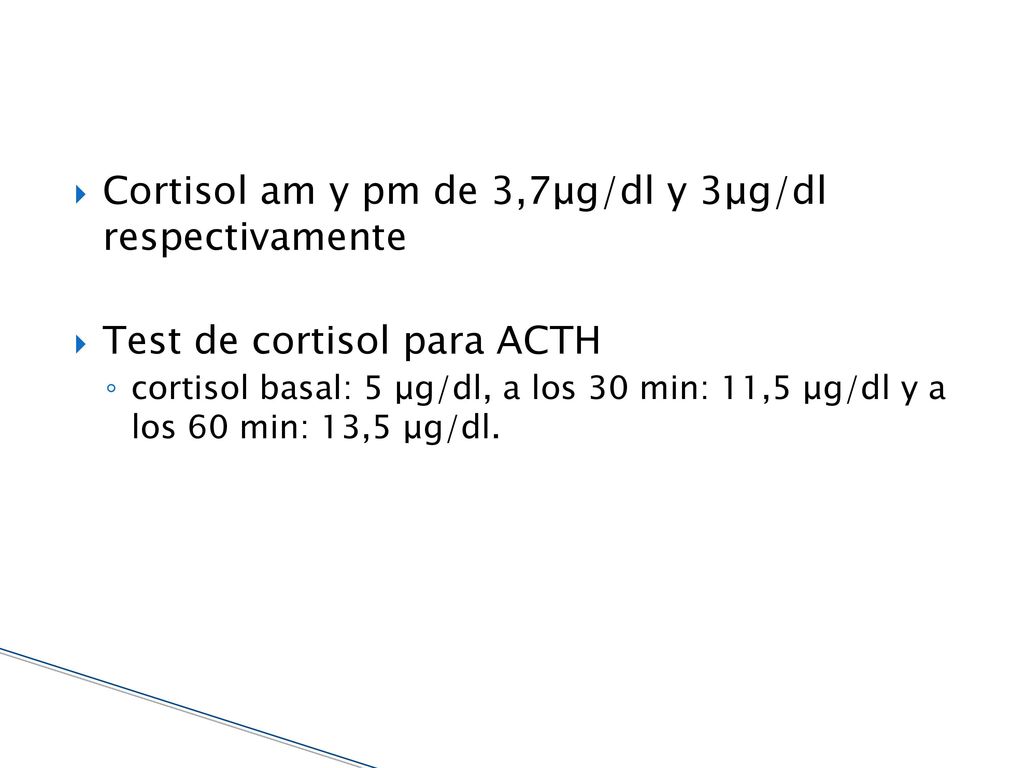 Cortisol am y pm de 3,7μg/dl y 3μg/dl respectivamente