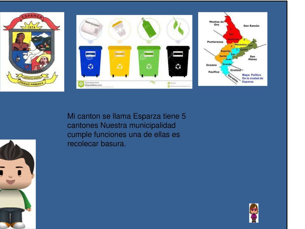 Mi canton se llama Esparza tiene 5 cantones Nuestra municipalidad cumple funciones una de ellas es recolecar basura.