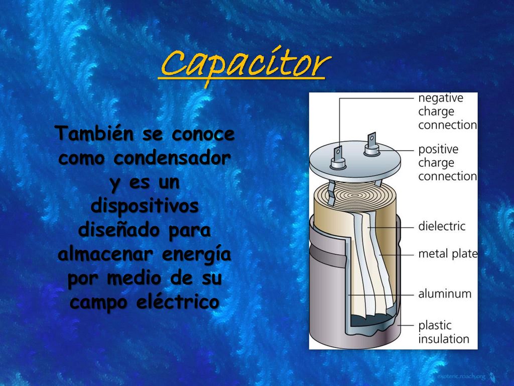 Capacitor También se conoce como condensador y es un dispositivos diseñado para almacenar energía por medio de su campo eléctrico.