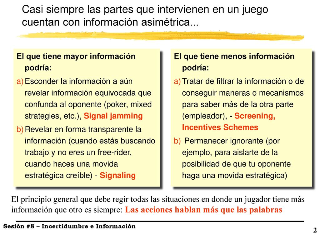 Casi siempre las partes que intervienen en un juego cuentan con información asimétrica...