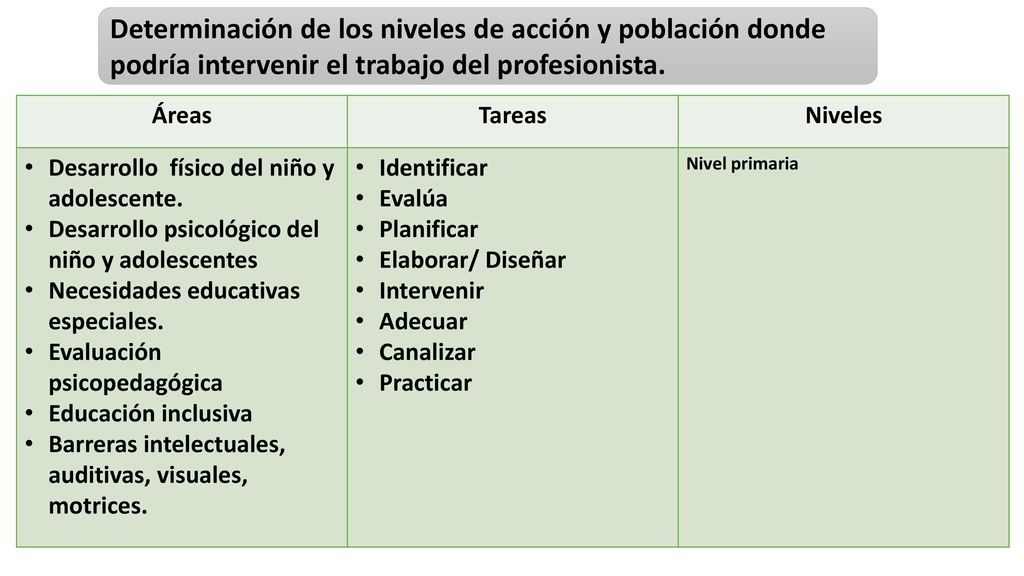 Determinación de los niveles de acción y población donde podría intervenir el trabajo del profesionista.