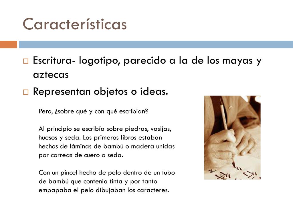 Características Escritura- logotipo, parecido a la de los mayas y aztecas. Representan objetos o ideas.