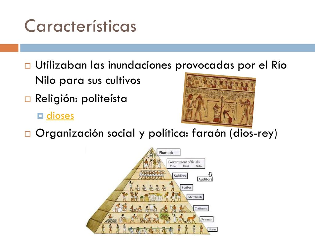 Características Utilizaban las inundaciones provocadas por el Río Nilo para sus cultivos. Religión: politeísta.
