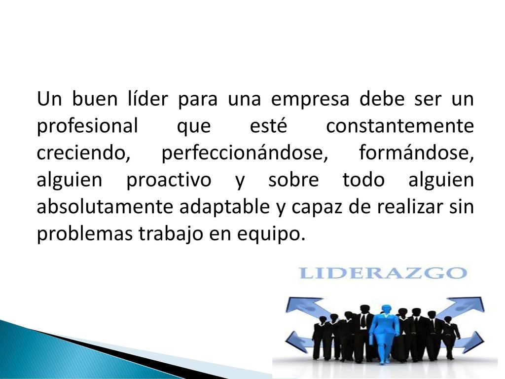 Un buen líder para una empresa debe ser un profesional que esté constantemente creciendo, perfeccionándose, formándose, alguien proactivo y sobre todo alguien absolutamente adaptable y capaz de realizar sin problemas trabajo en equipo.