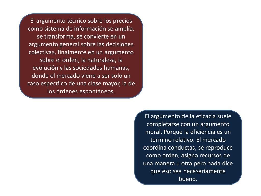 El argumento técnico sobre los precios como sistema de información se amplía, se transforma, se convierte en un argumento general sobre las decisiones colectivas, finalmente en un argumento sobre el orden, la naturaleza, la evolución y las sociedades humanas, donde el mercado viene a ser solo un caso específico de una clase mayor, la de los órdenes espontáneos.