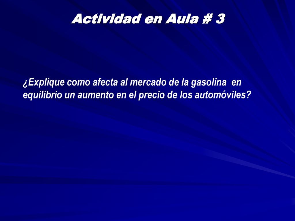 Actividad en Aula # 3 ¿Explique como afecta al mercado de la gasolina en equilibrio un aumento en el precio de los automóviles