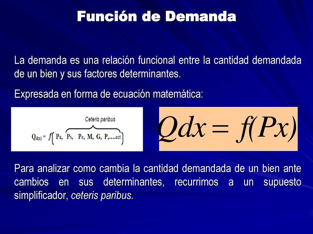 Función de Demanda La demanda es una relación funcional entre la cantidad demandada de un bien y sus factores determinantes.