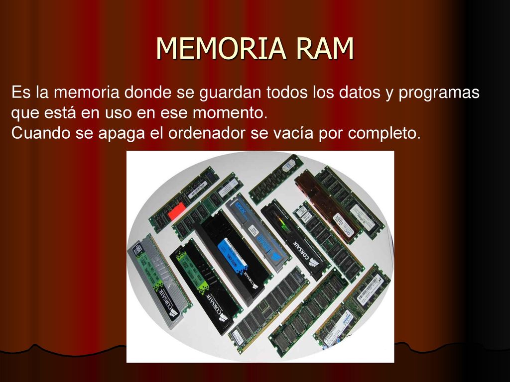 MEMORIA RAM Es la memoria donde se guardan todos los datos y programas que está en uso en ese momento.