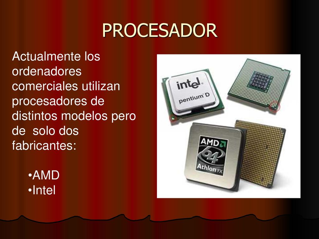 PROCESADOR Actualmente los ordenadores comerciales utilizan procesadores de distintos modelos pero de solo dos fabricantes: