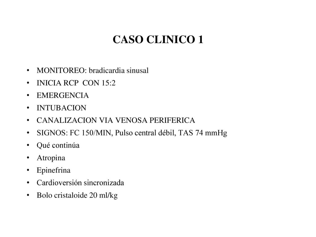 CASO CLINICO 1 MONITOREO: bradicardia sinusal INICIA RCP CON 15:2