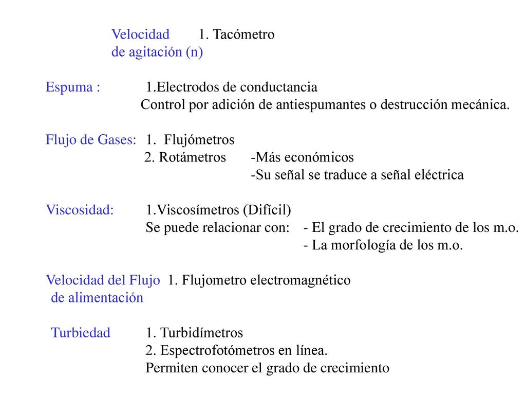 Velocidad 1. Tacómetro de agitación (n) Espuma : 1.Electrodos de conductancia. Control por adición de antiespumantes o destrucción mecánica.