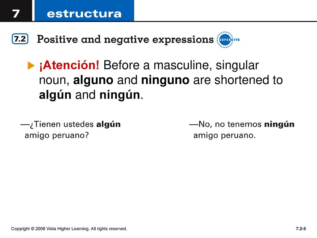 ¡Atención! Before a masculine, singular noun, alguno and ninguno are shortened to algún and ningún.