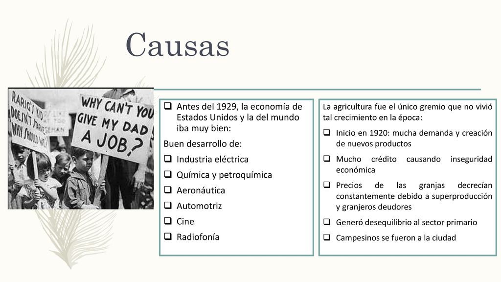 Causas Antes del 1929, la economía de Estados Unidos y la del mundo iba muy bien: Buen desarrollo de: