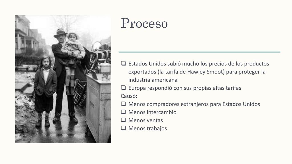 Proceso Estados Unidos subió mucho los precios de los productos exportados (la tarifa de Hawley Smoot) para proteger la industria americana.