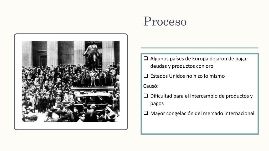 Proceso Algunos países de Europa dejaron de pagar deudas y productos con oro. Estados Unidos no hizo lo mismo.
