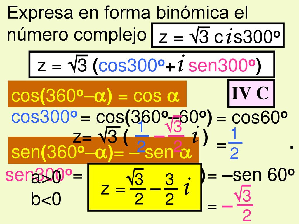 i Expresa en forma binómica el número complejo z = 3 c s300o