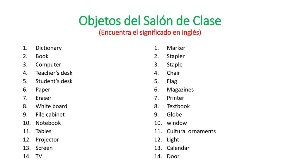 Objetos del Salón de Clase (Encuentra el significado en inglés)