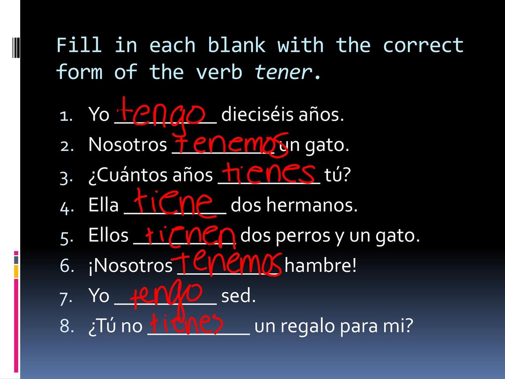 Fill in each blank with the correct form of the verb tener.