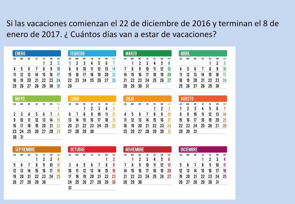 Si las vacaciones comienzan el 22 de diciembre de 2016 y terminan el 8 de enero de 2017.