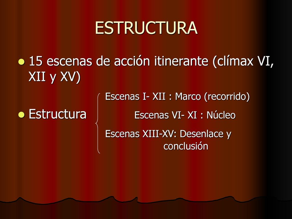 ESTRUCTURA 15 escenas de acción itinerante (clímax VI, XII y XV)