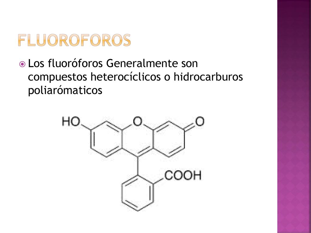 fluoroforos Los fluoróforos Generalmente son compuestos heterocíclicos o hidrocarburos poliarómaticos.