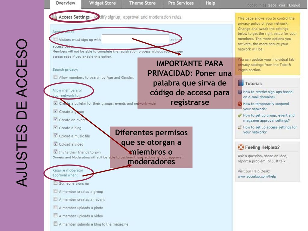 Diferentes permisos que se otorgan a miembros o moderadores