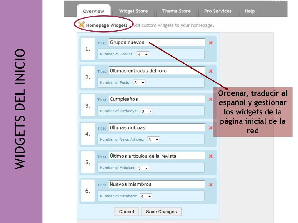 Ordenar, traducir al español y gestionar los widgets de la página inicial de la red
