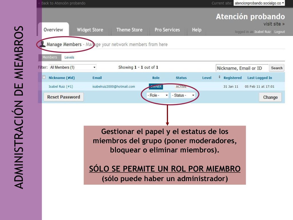 SÓLO SE PERMITE UN ROL POR MIEMBRO (sólo puede haber un administrador)