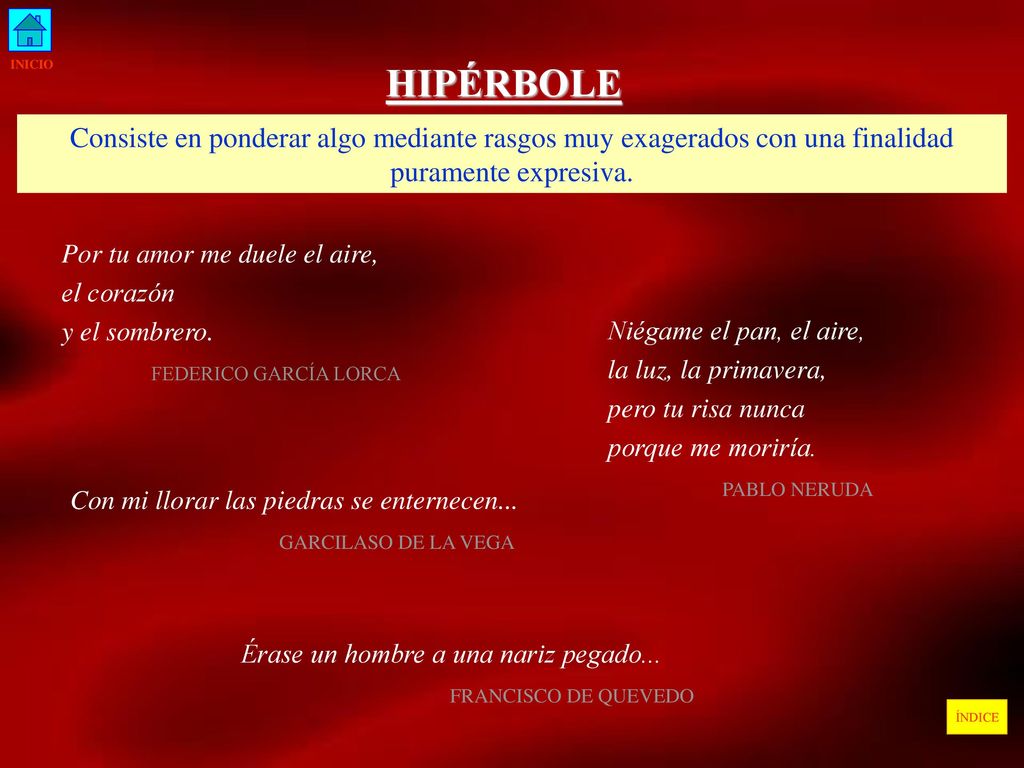 INICIO HIPÉRBOLE. Consiste en ponderar algo mediante rasgos muy exagerados con una finalidad puramente expresiva.