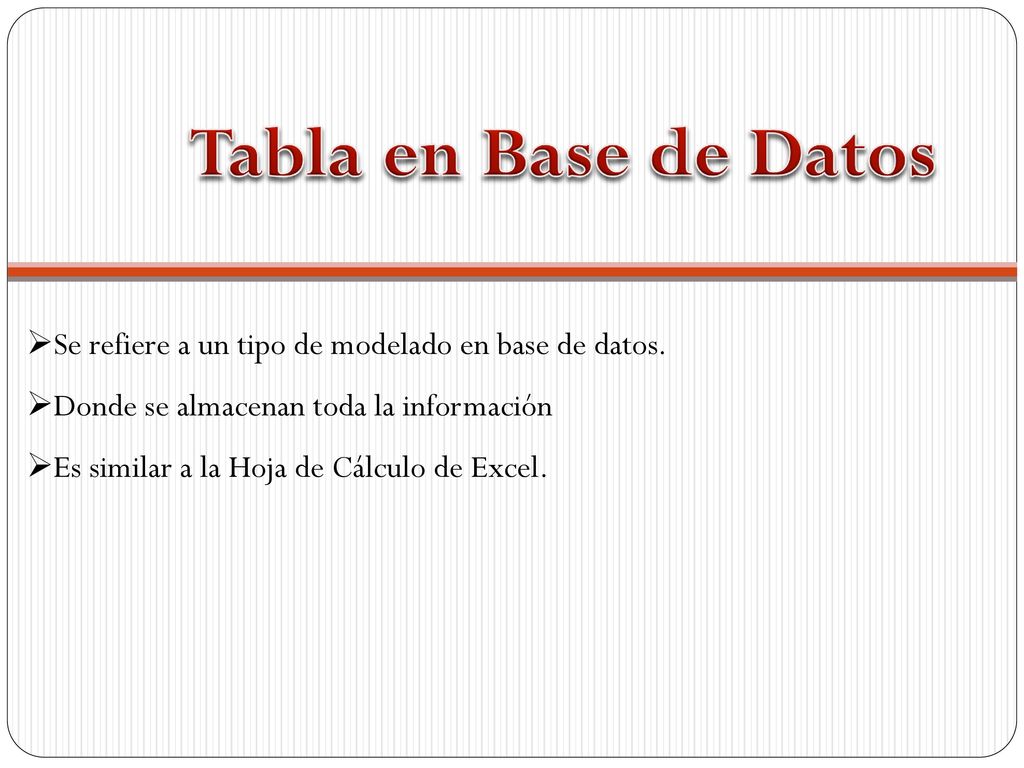 Tabla en Base de Datos Se refiere a un tipo de modelado en base de datos. Donde se almacenan toda la información.